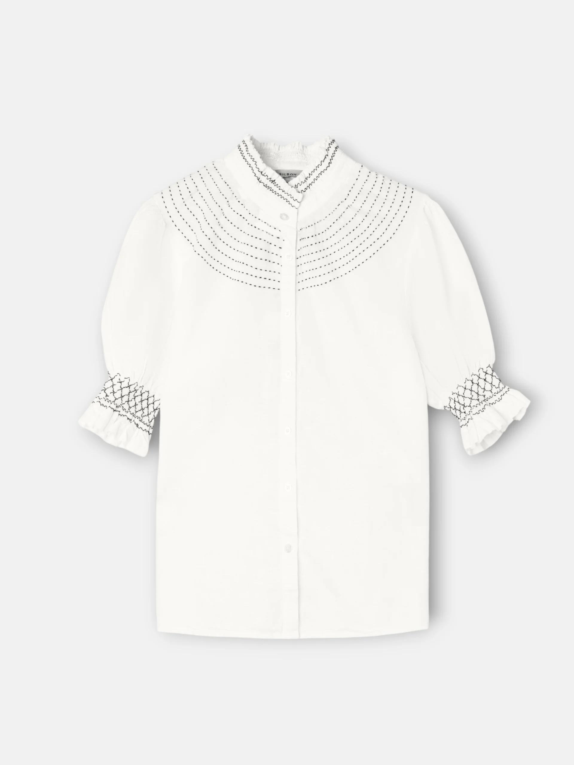 Camisa fruncida manga corta lino blanca - Image 6