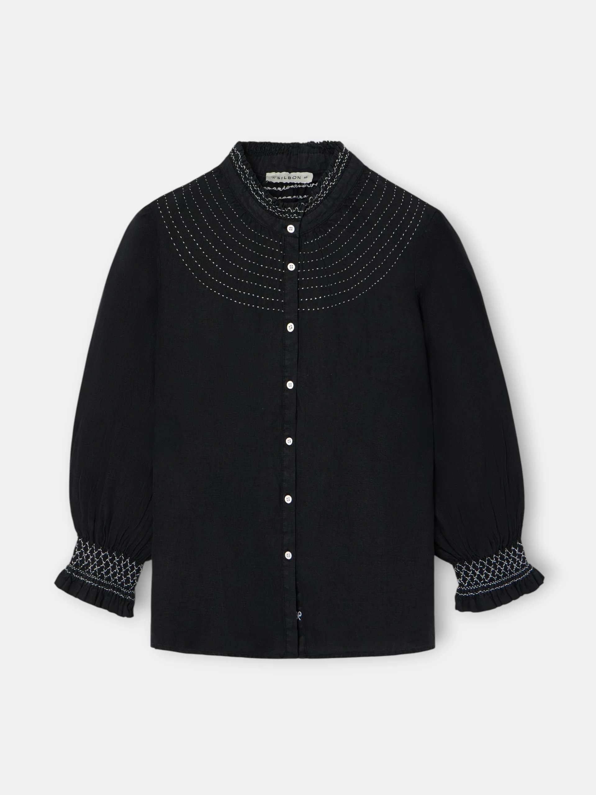 Camisa fruncida manga larga lino negra - Image 7