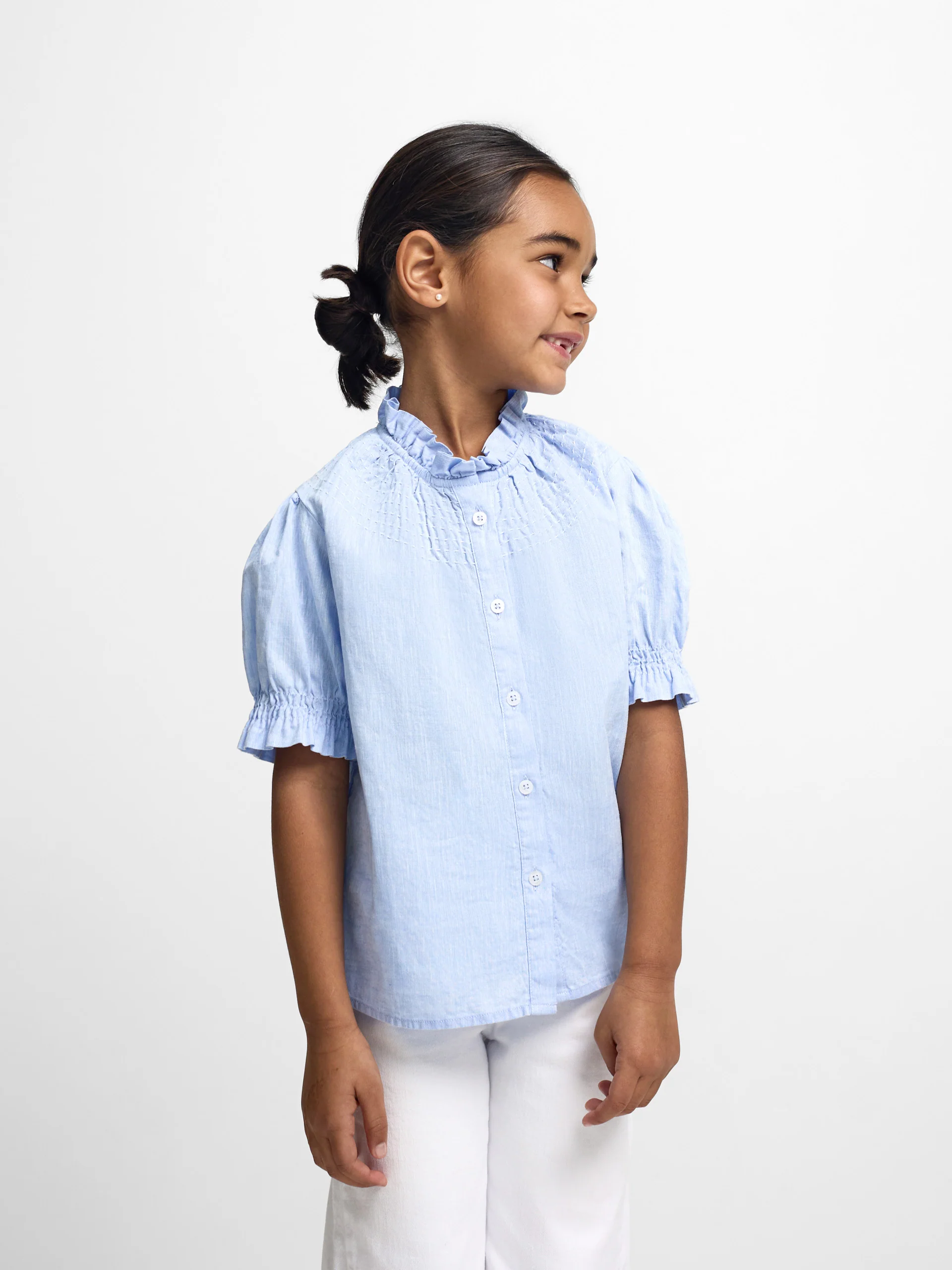 Camisa girl fruncidos lino celeste - Image 3