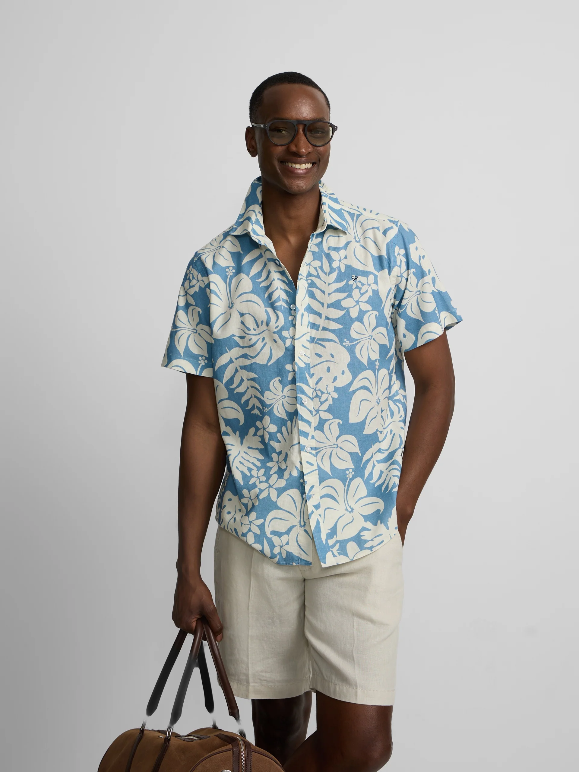 Camisa manga corta lino estampado azul - Image 3