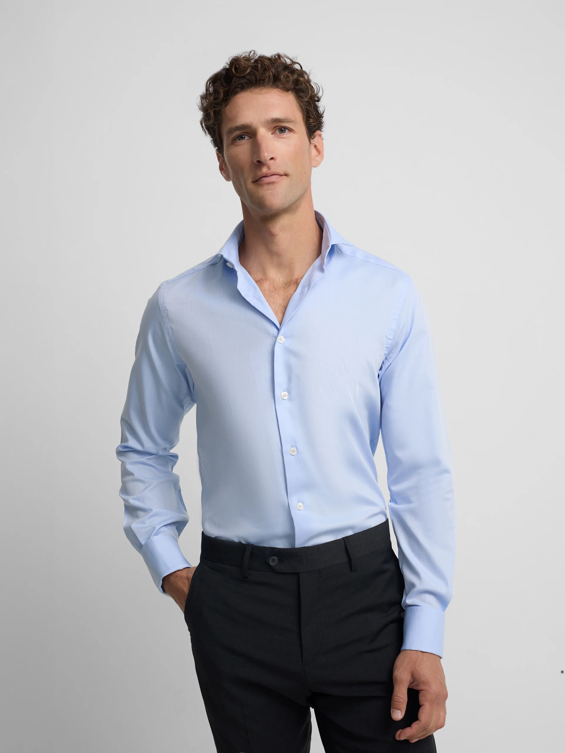 Camisa vestir espiga puño doble celeste - Image 3