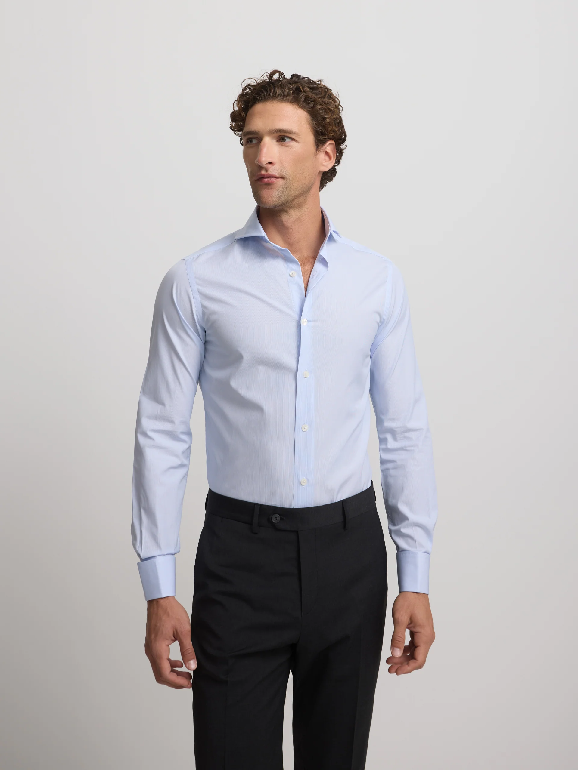 Camisa vestir mini rayas celeste puño doble - Image 3
