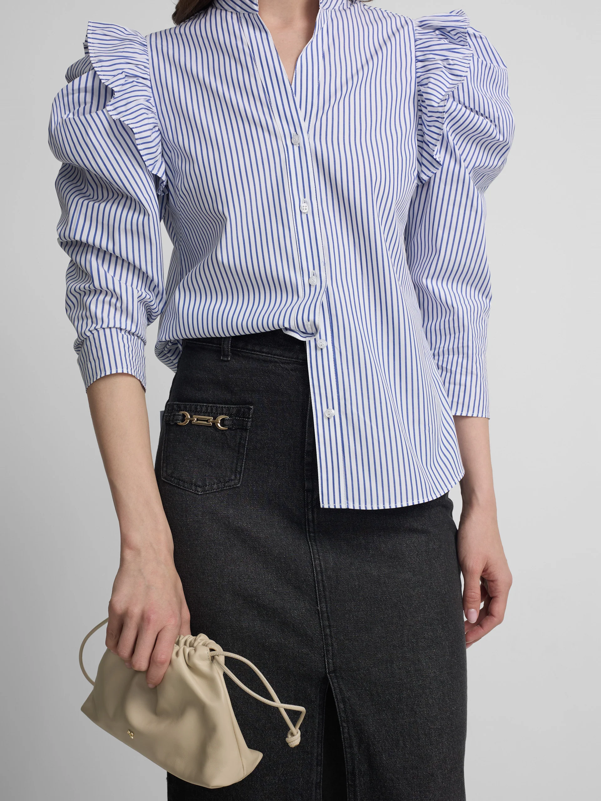 Falda midi recta hebilla denim gris - Image 3