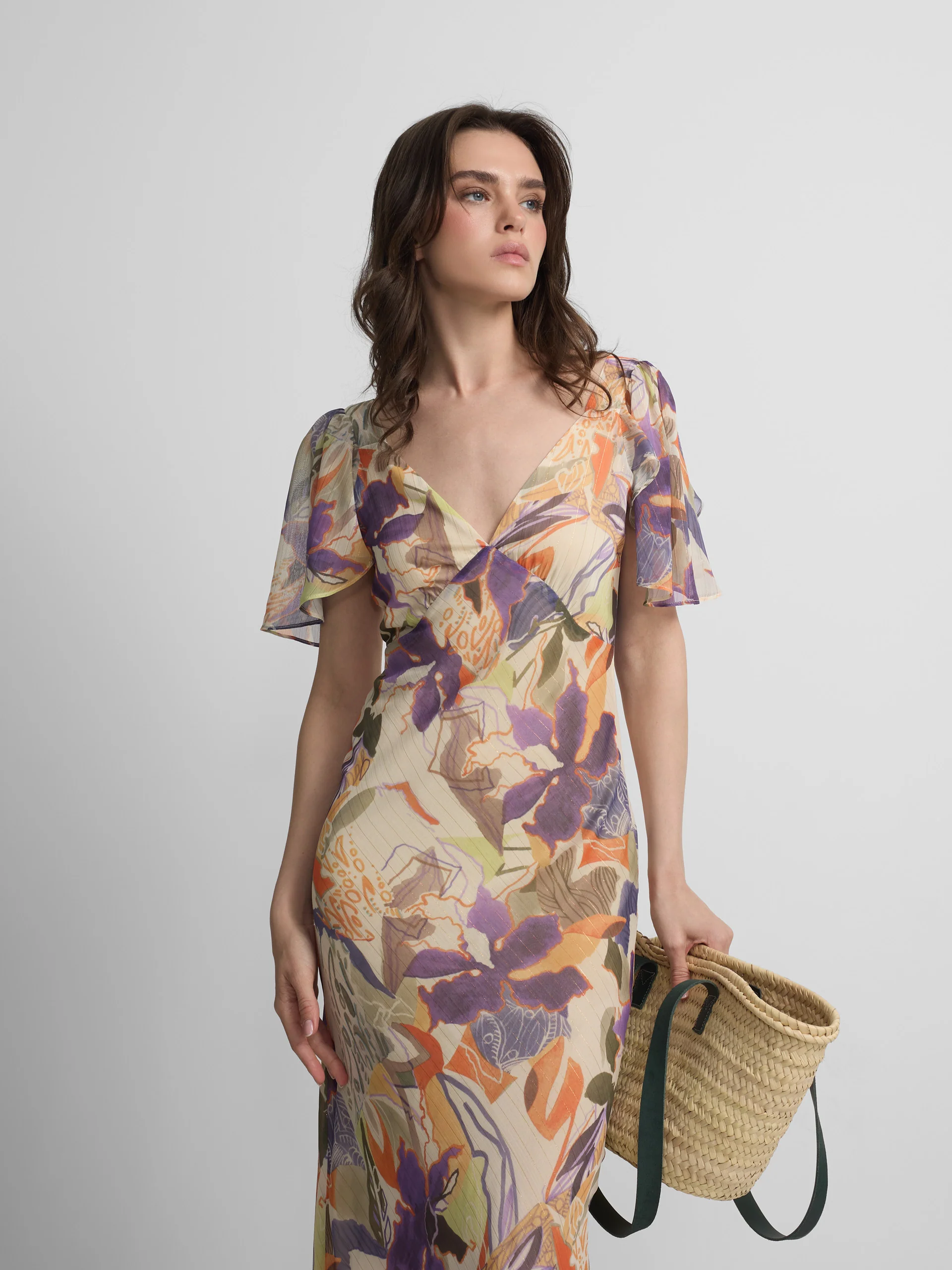 Vestido largo estampado flores moradas y naranjas - Image 3