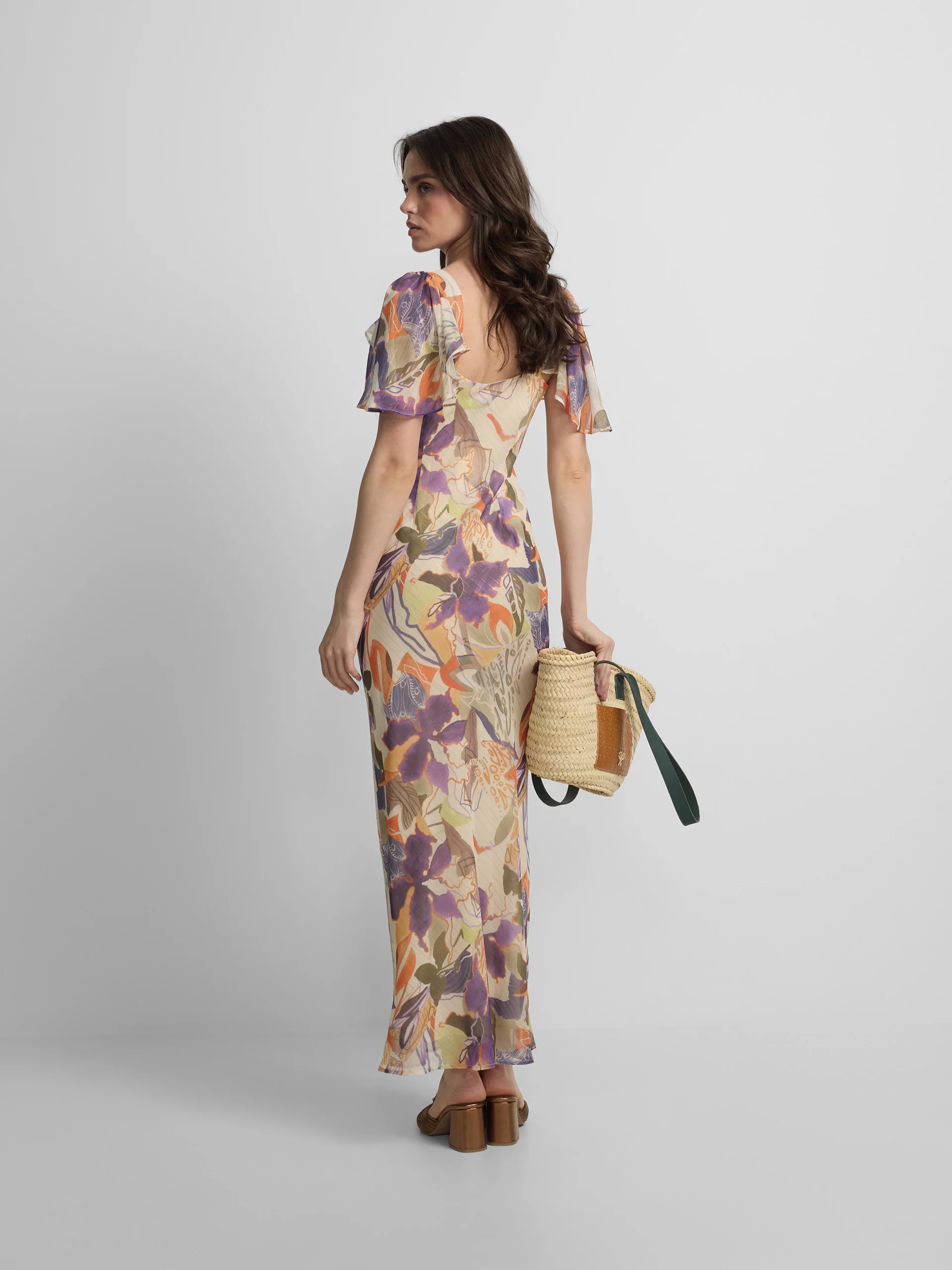 Vestido largo estampado flores moradas y naranjas - Image 5